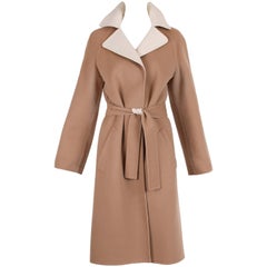 Retro 1970's Halston Camel Melton Wool Belted Coat w/Contrast Collar