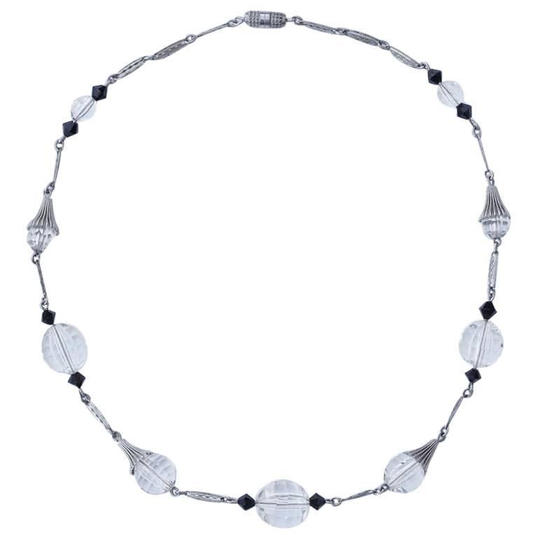 Art Deco Silver Tone Necklace with Faceted Clear and Black Beads