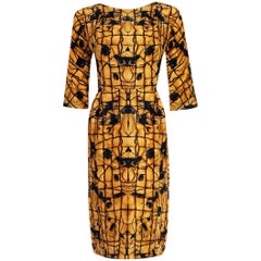 1955 Irene Lentz Couture Marigold and Black Graphic Print Silk Cocktail Dress 