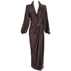 Yves Saint Laurent YSL Haute Couture Brown Silk Gown with Matching Belt, 1989