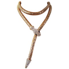Stunning Faux Diamond Encrusted Snake Golden Mesh Statement Necklace