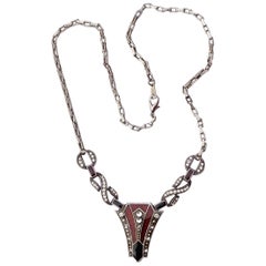 Pierre Bex Art Deco Style Silver Plated Red and Black Enamel Rhinestone Necklace