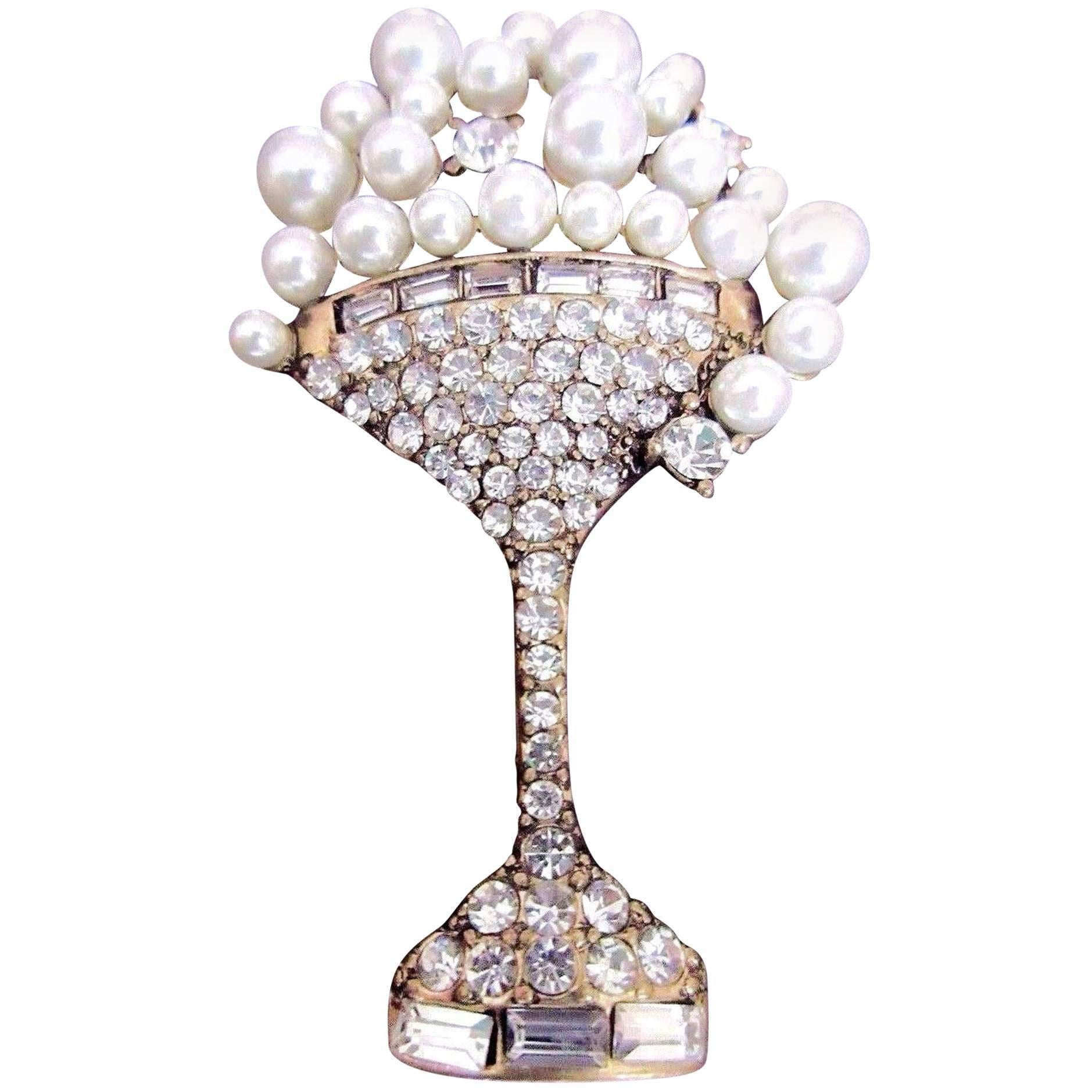 Champagne Faux Pearl Bubbles and Faux Diamond Beautiful Statement Brooch Pin For Sale