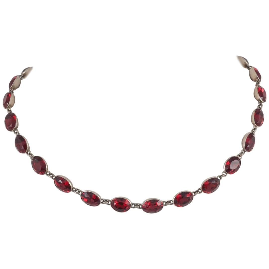 Deep ruby red glass and sterling silver necklace, late 19th century