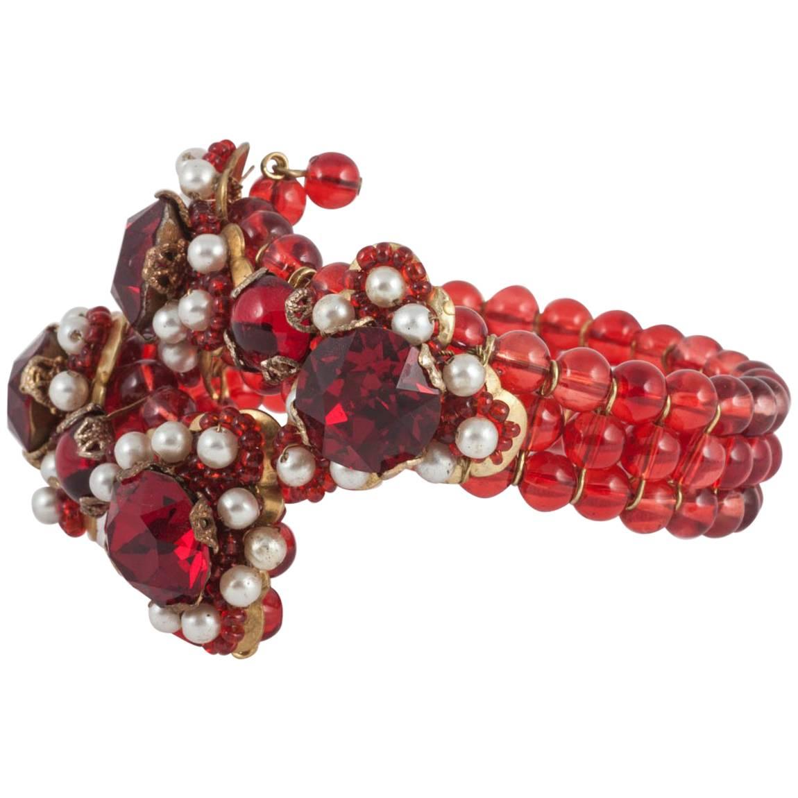 Ruby red glass bead and pearl bracelet in the style of Miriam Haskell