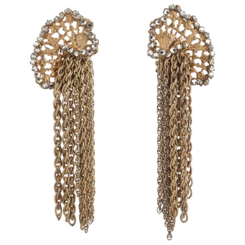 Gilt/rose montes and chain drop earrings, Miriam Haskell, 1950s