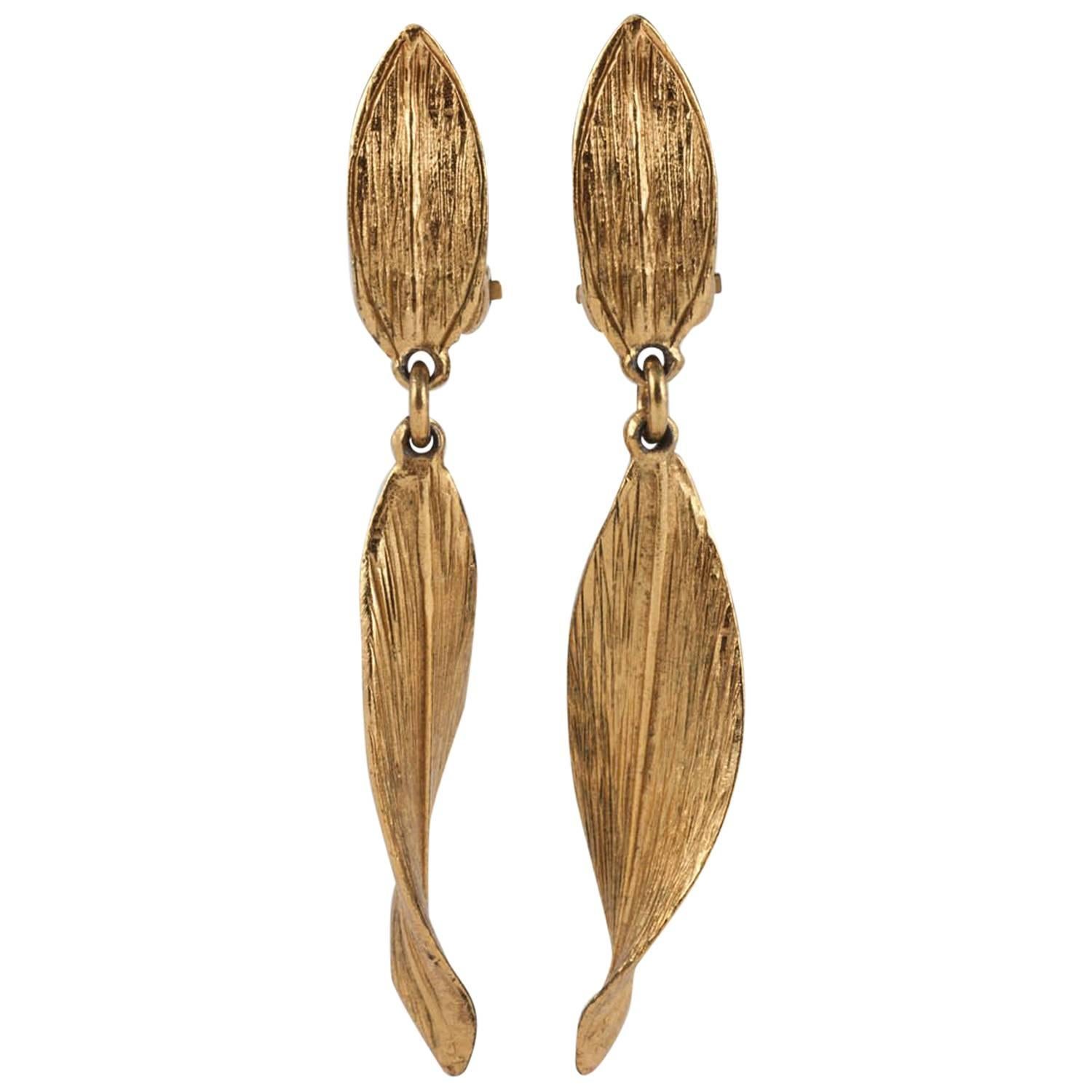 Christian Dior Textured gilt metal "leaf" drop clip on earrings, 1960s 