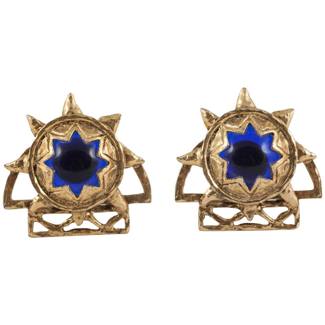  Blue glass cabochon and rusticated gilt earrings, Claire Deve, 1980s