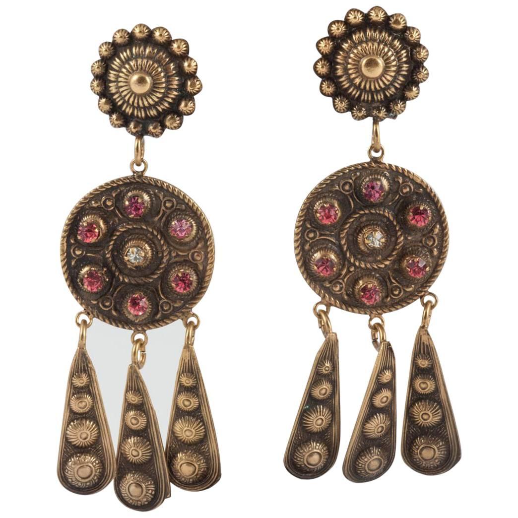  Antique gilded and pink paste drop earrings, Joseff of Hollywood, 1950s