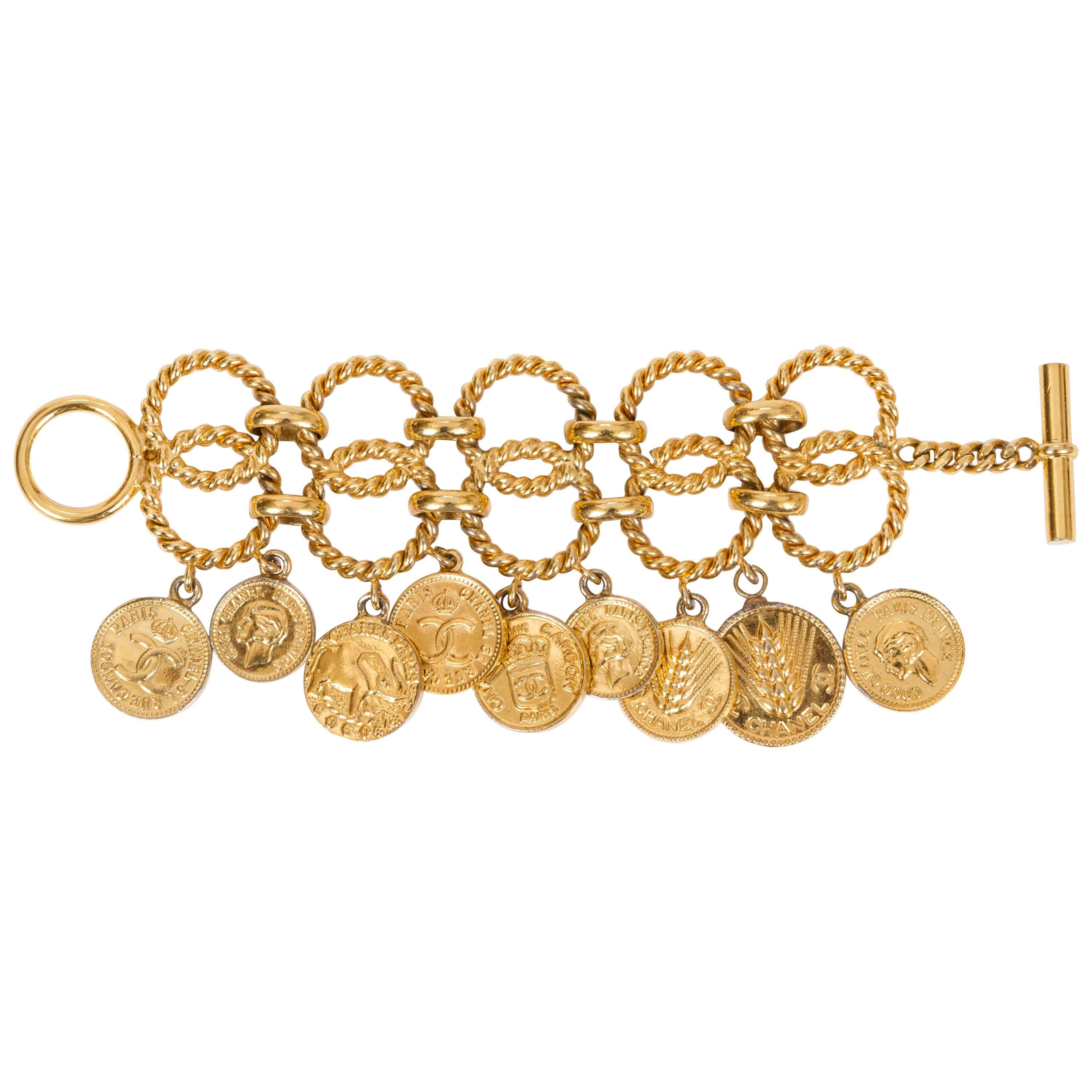 Chanel 1980's Rare Gold Tone Double Coin Charm Bracelet For Sale