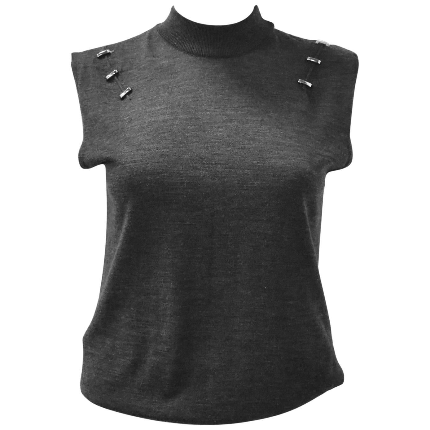 Paco Rabanne Grey Wool Knit Top with Silver Hardware Details For Sale