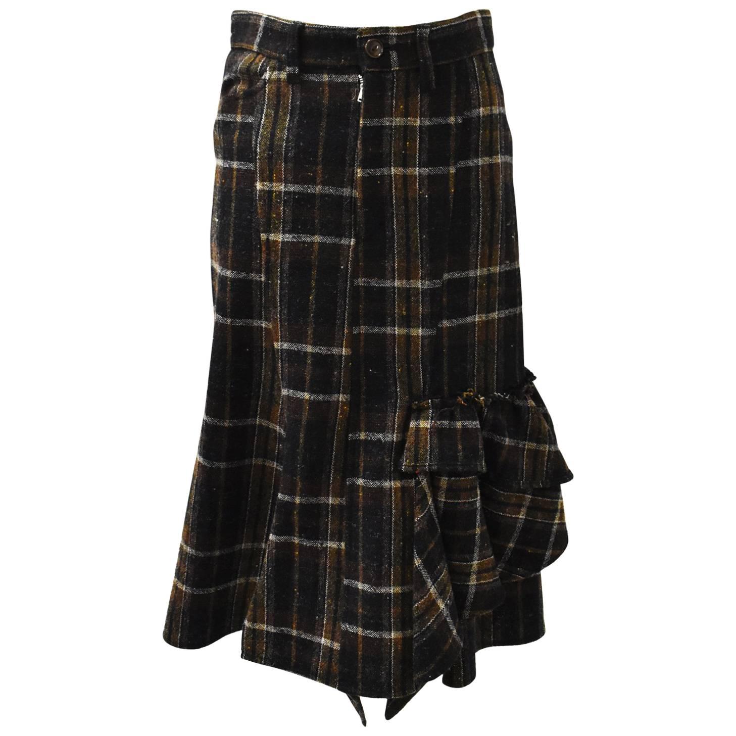 Y’s by Yohji Yamamoto Brown and Green Check Skirt with Ruffle Detail For Sale