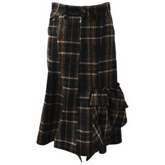 Y’s by Yohji Yamamoto Brown and Green Check Skirt with Ruffle Detail