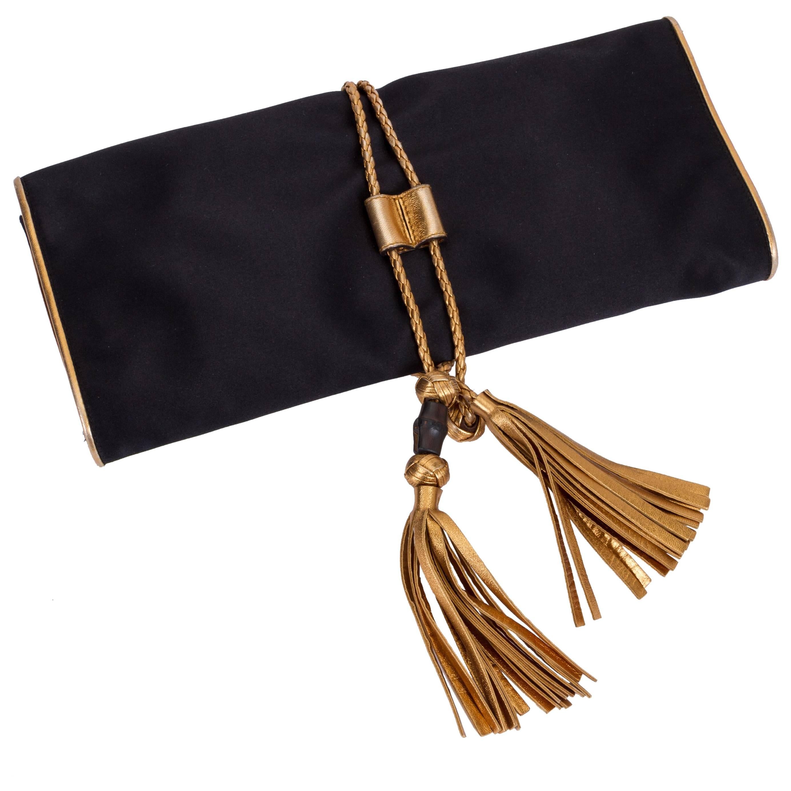 Gucci Black Silk Gold Tassel Clutch Bag