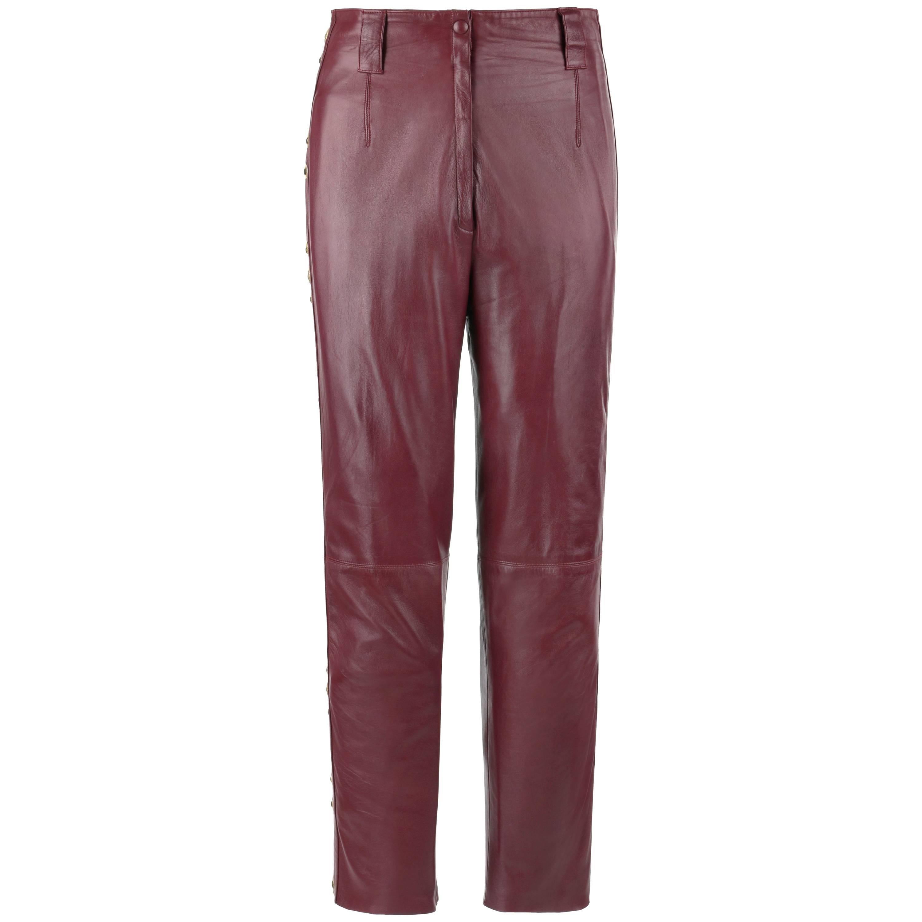 ROBERTO CAVALLI Burgundy Leather Studded Embellished Ankle Length Pants ...