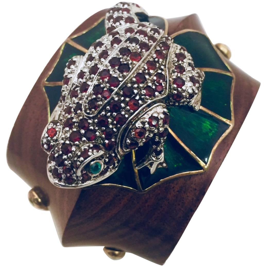 Mahogany Wood Cuff with Crystal Covered Frog on Enamel Lily Pad