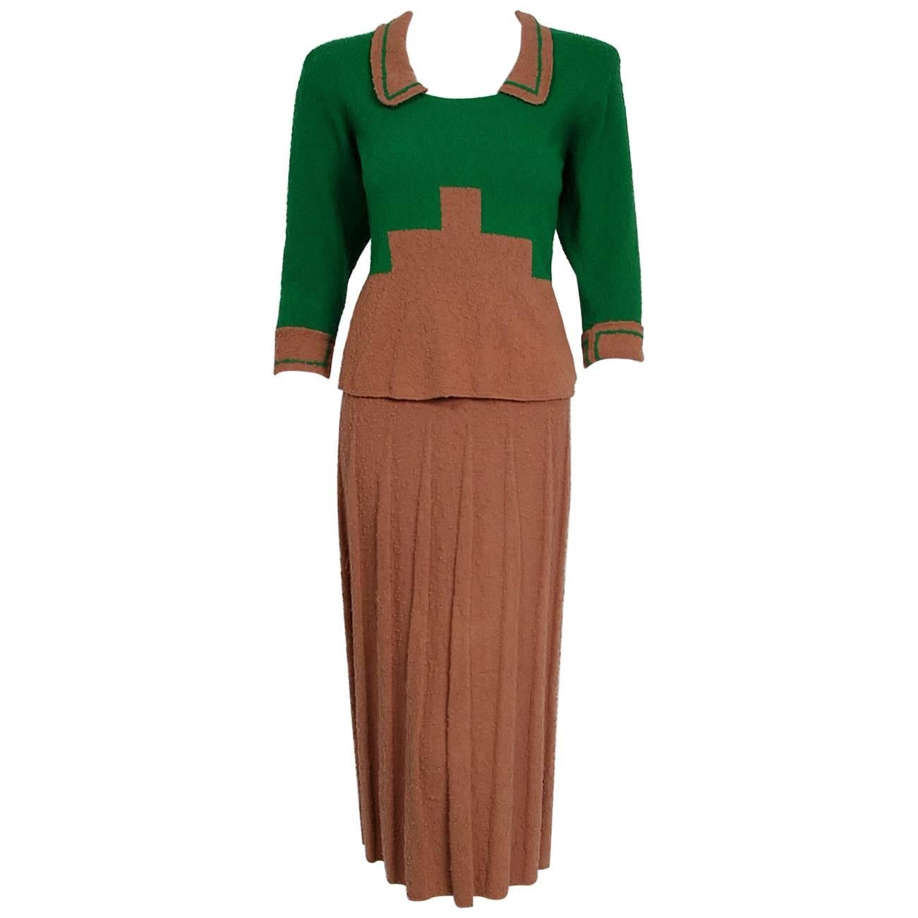1940's Emerald Green & Toffee Deco Motif Wool-Knit Pleated Skirt Sweater Dress