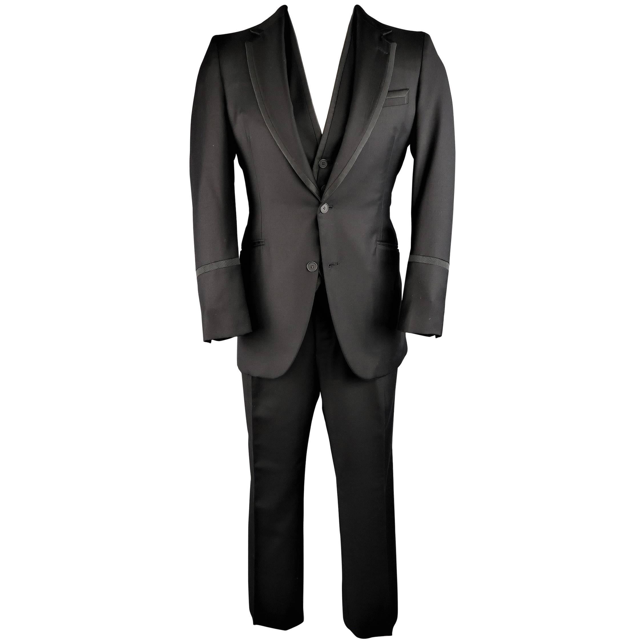 Men's BOTTEGA VENETA 40 Regular Black Wool / Silk Piping 3pc Tuxedo