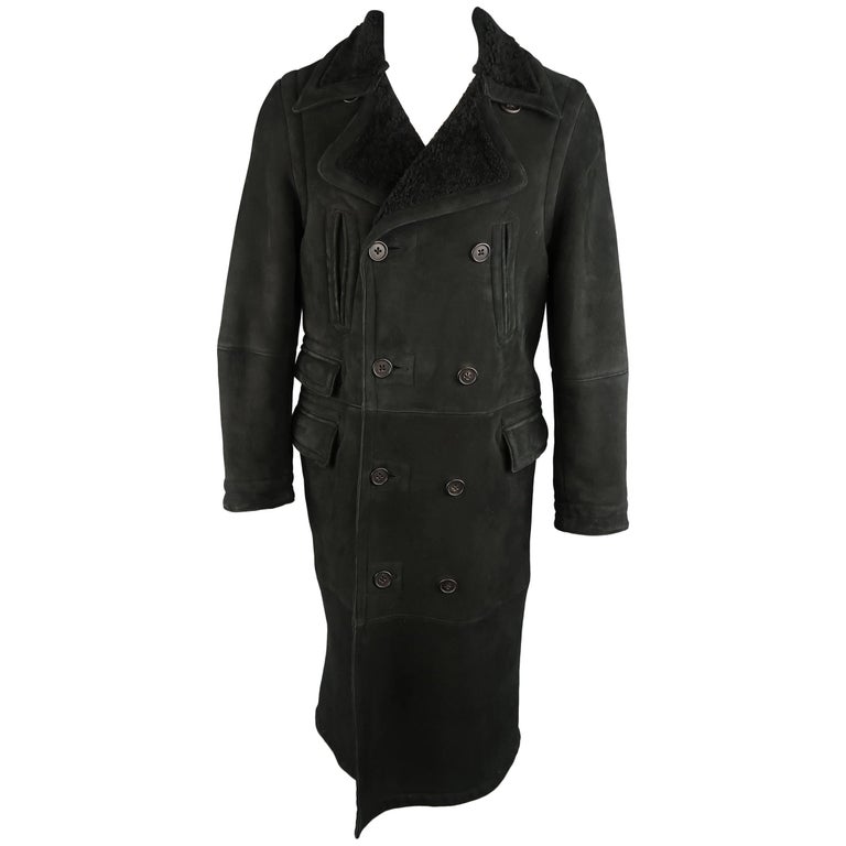 Ralph Lauren Polo Men's Black Shearling Double Breasted Pea Coat at 1stDibs