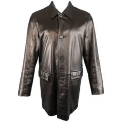 Men's   PRADA 40 Black Smooth Leather Collared Single Breasted Car Coat