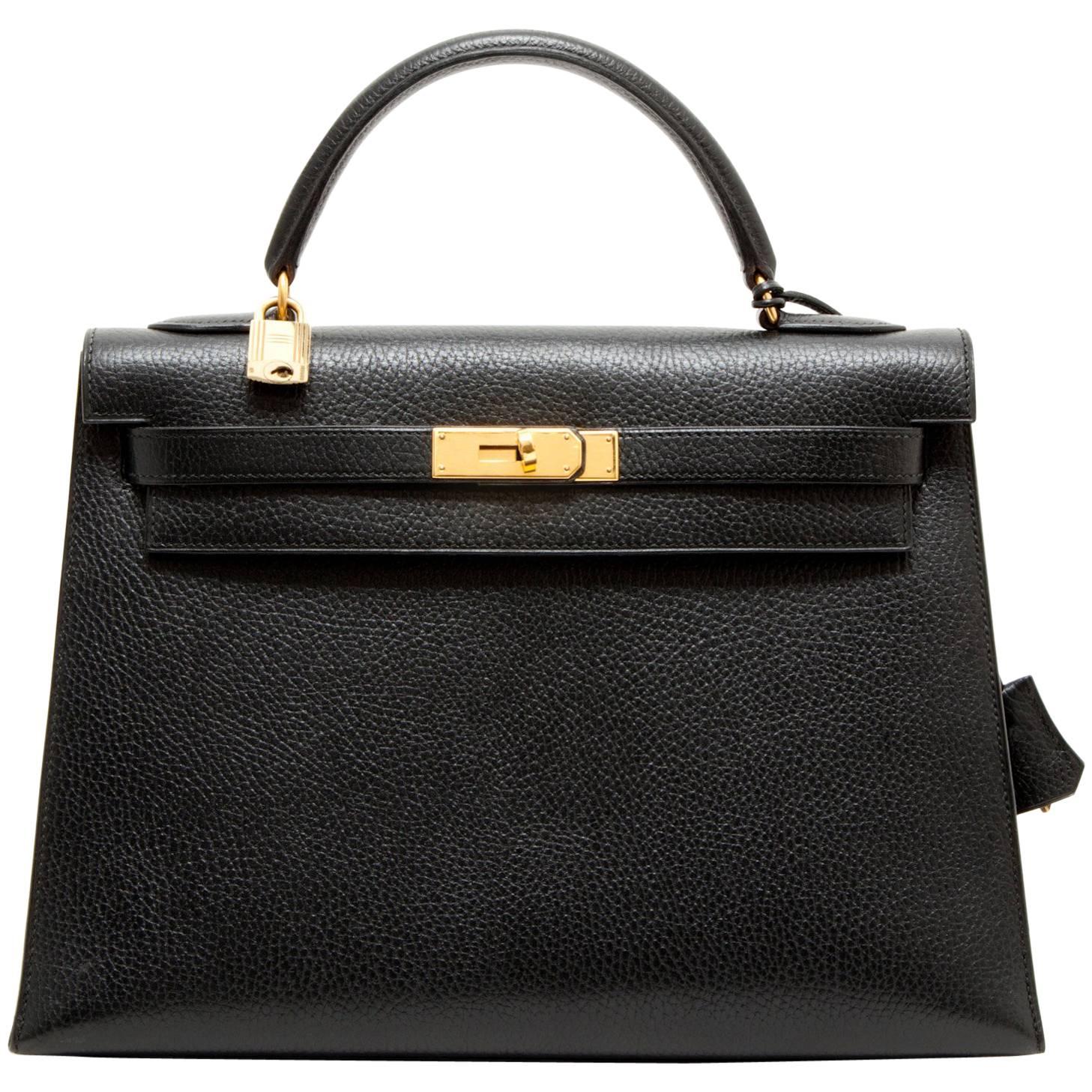  HERMES 'Kelly 32' in black Ardennes Cowhide with Stitching Saddler