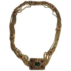 CHANEL Couture Belt in Aged Gilded Metal, Ruby and Emerald Molten Glass Size 65