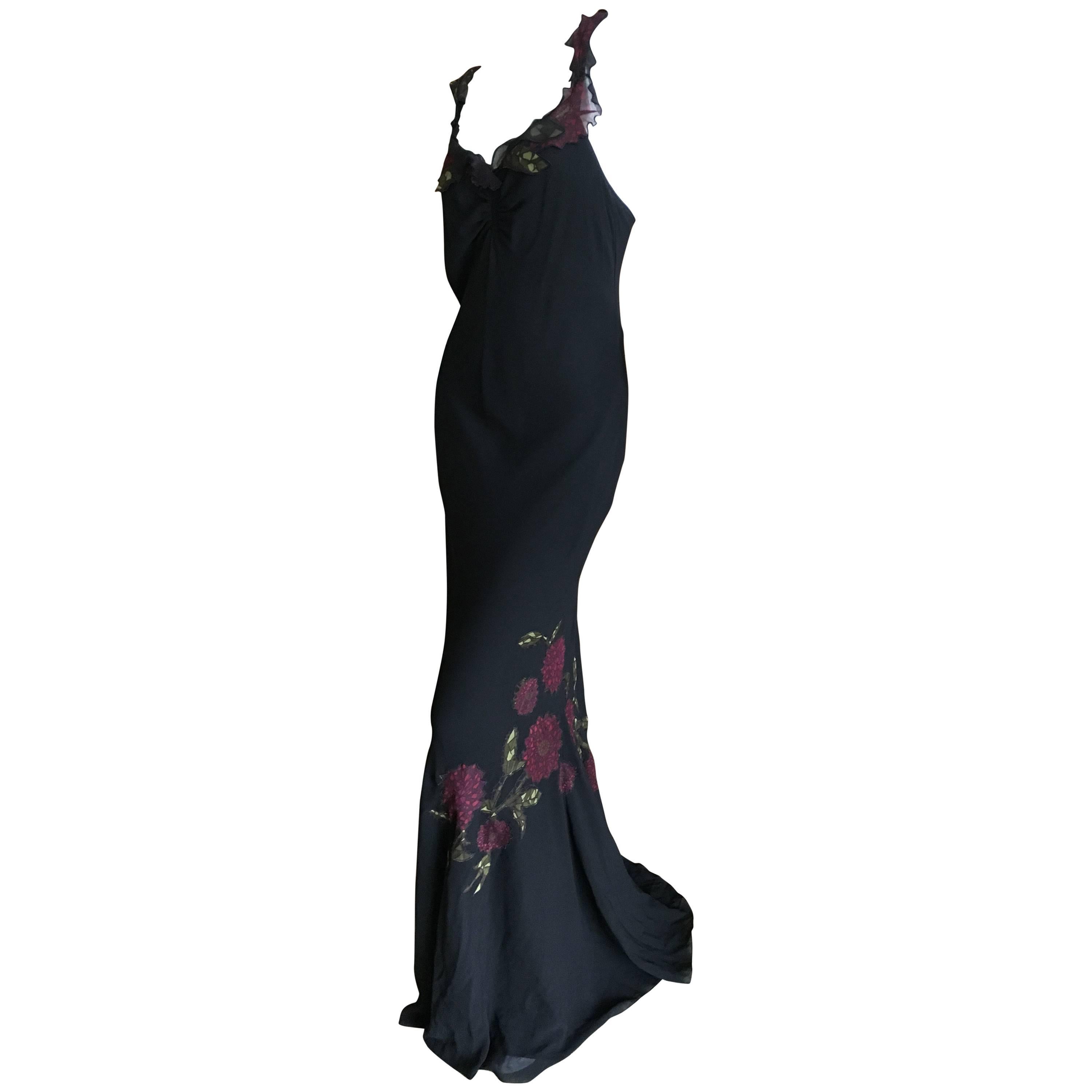 John Galliano Vintage 90's Long Black Bias Cut Evening Dress w Floral Applique For Sale