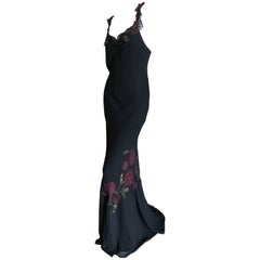 John Galliano Vintage 90's Long Black Bias Cut Evening Dress w Floral Applique