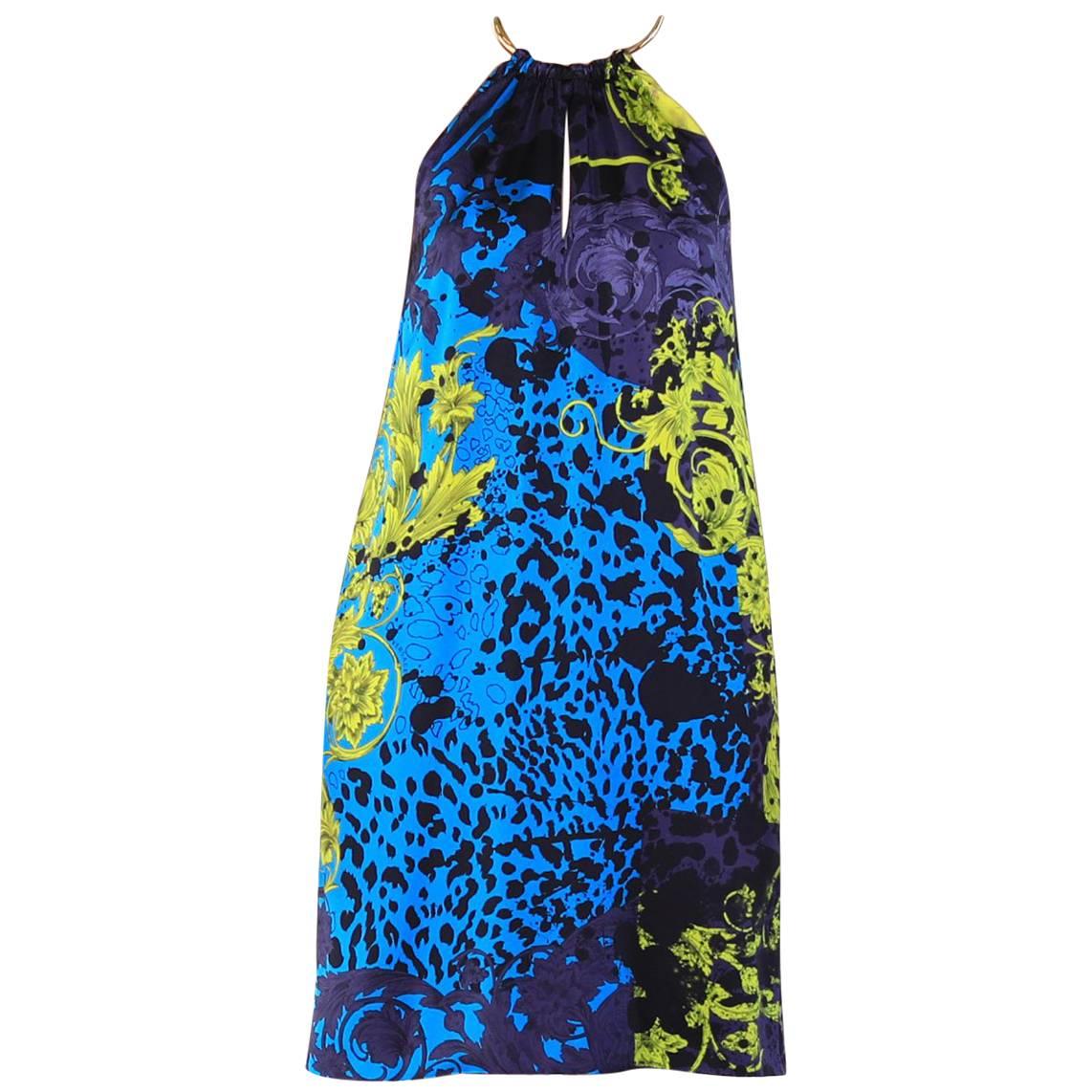 New Versace 100% Silk Barocco Animal Wild Patch Printed Mini Dress Size 38 For Sale