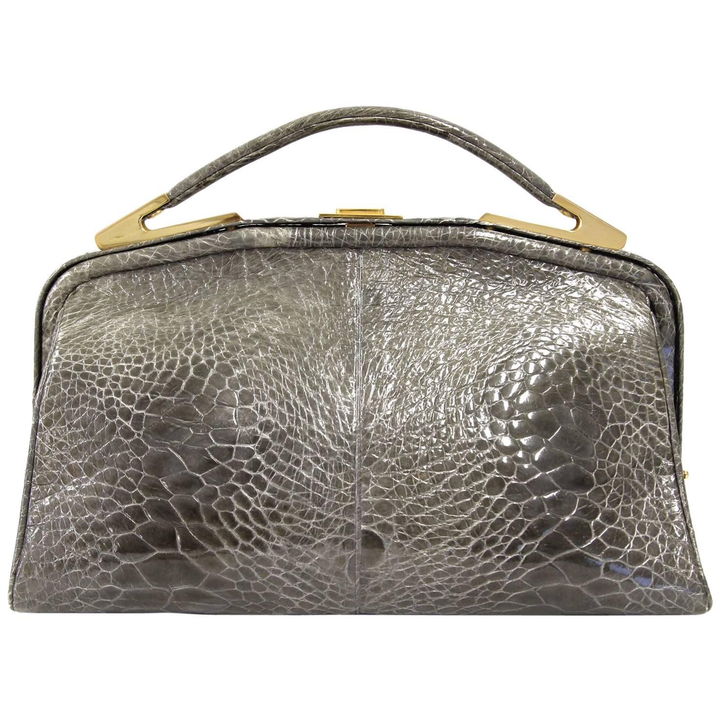 1990s Olive Green Crocodile Leather Handbag