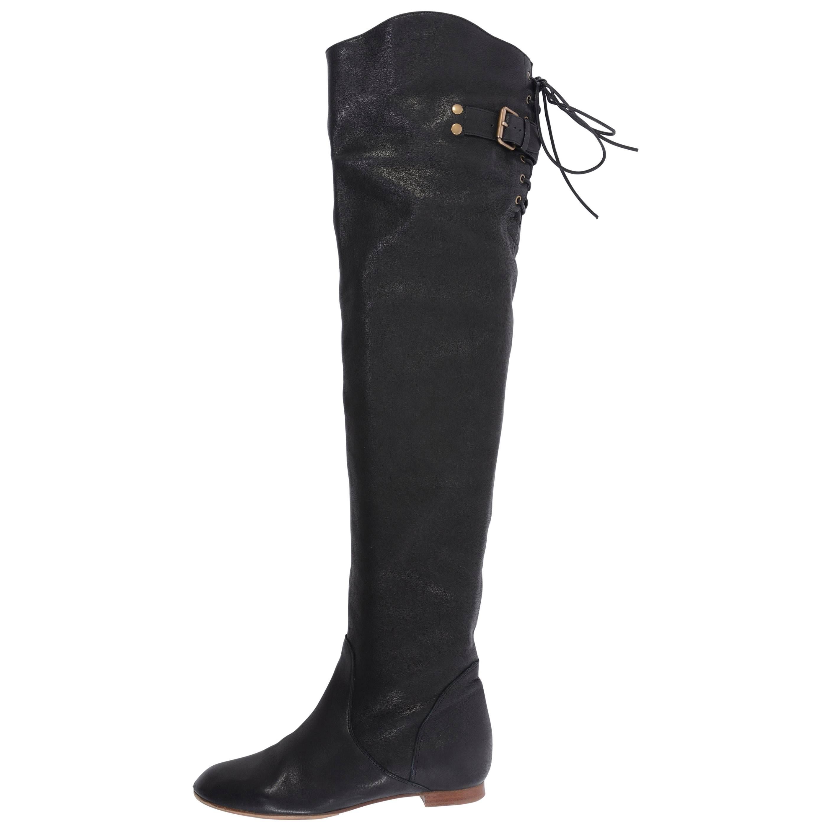 Chloe Black Leather Thigh Flat Boots For Sale