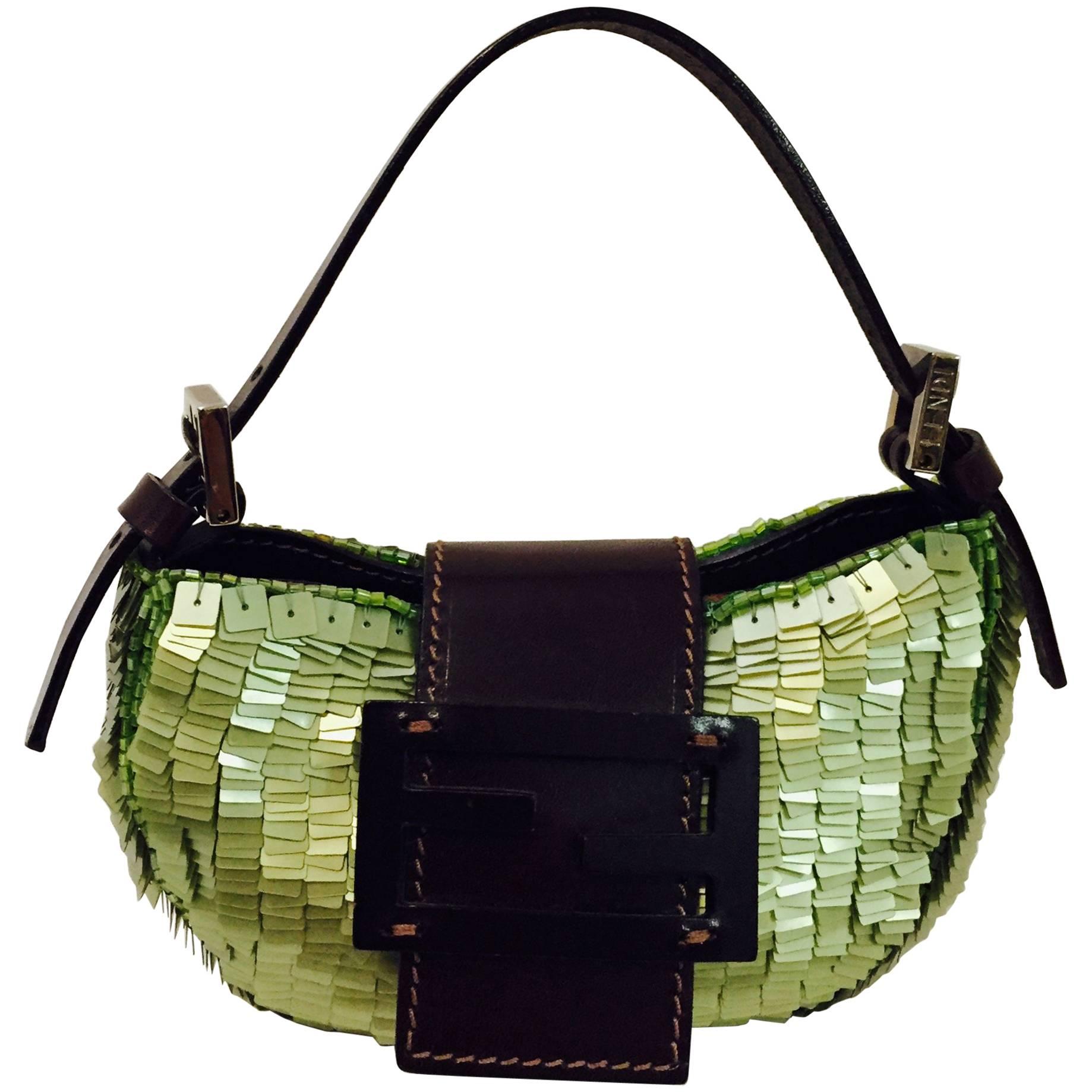 Flirty Fendi Croissant Mini Bag with Green Paillete and Brown Handle and  Flap w Logo at 1stDibs