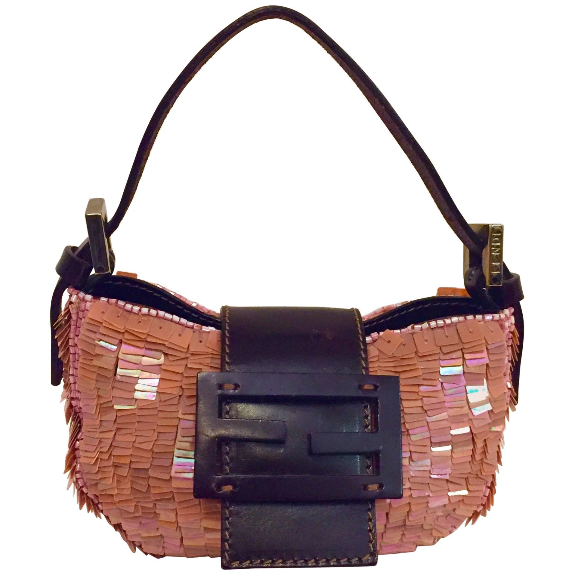 Funky Fendi Mini Pink Paillete Croissant Bag w/ Brown Leather Strap, Flap  and Logo at 1stDibs