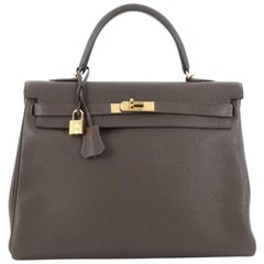 Hermes Kelly Handbag Taupe Clemence with Gold Hardware 35