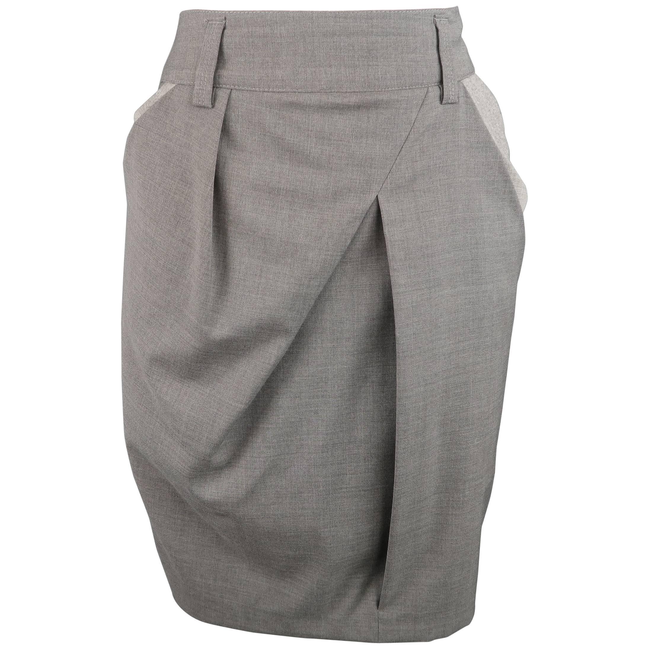 BRUNELLO CUCINELLI Size 4 Gray Wool / Silk Slanted Pleat Color Block Skirt