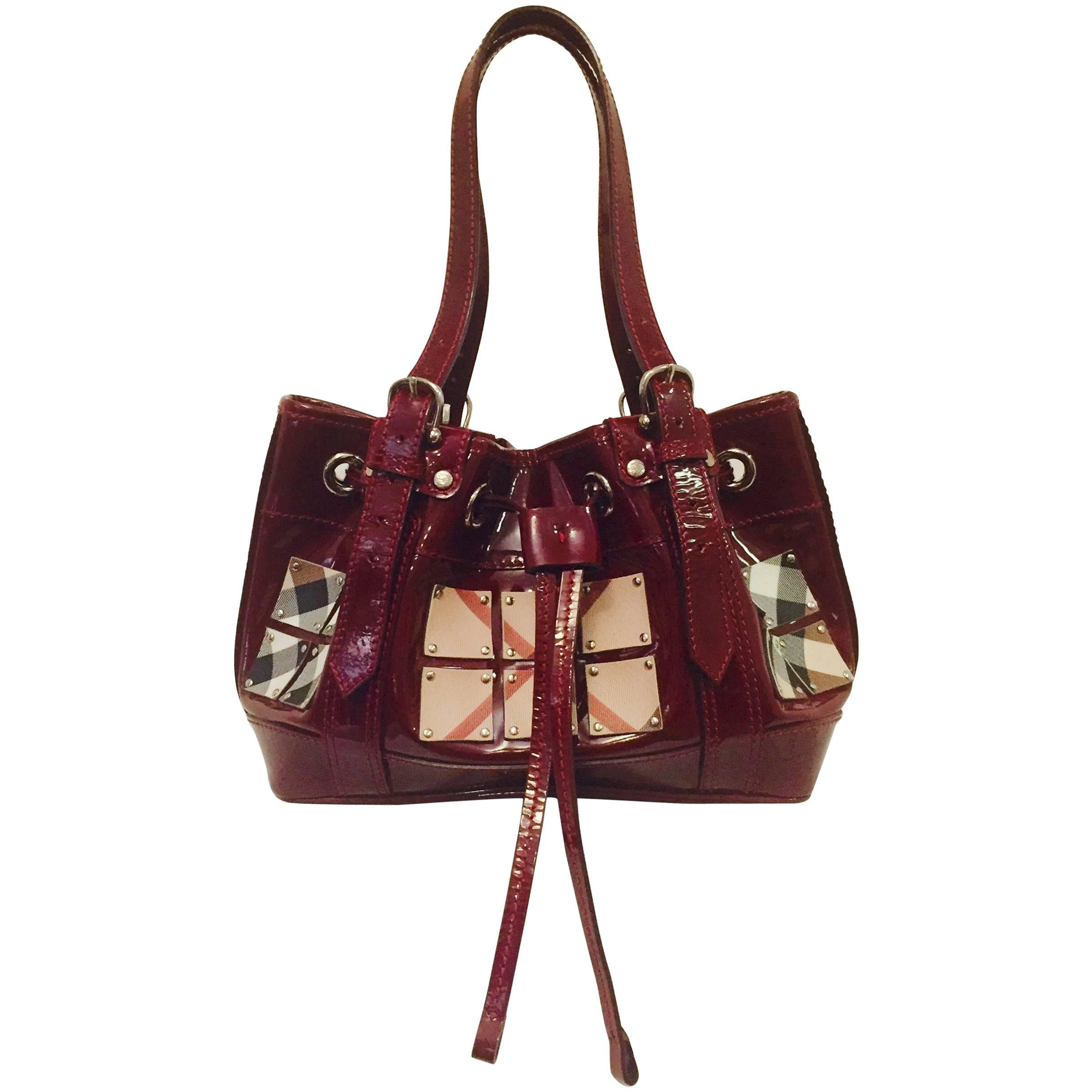 British Burberry Satchel with Coated Canvas Squares on Burgundy Patent Leather 