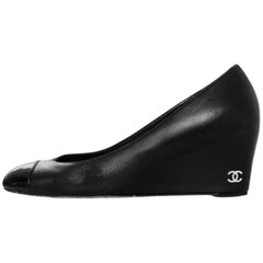 Chanel Black Leather Cap-Toe Wedges Sz 37.5