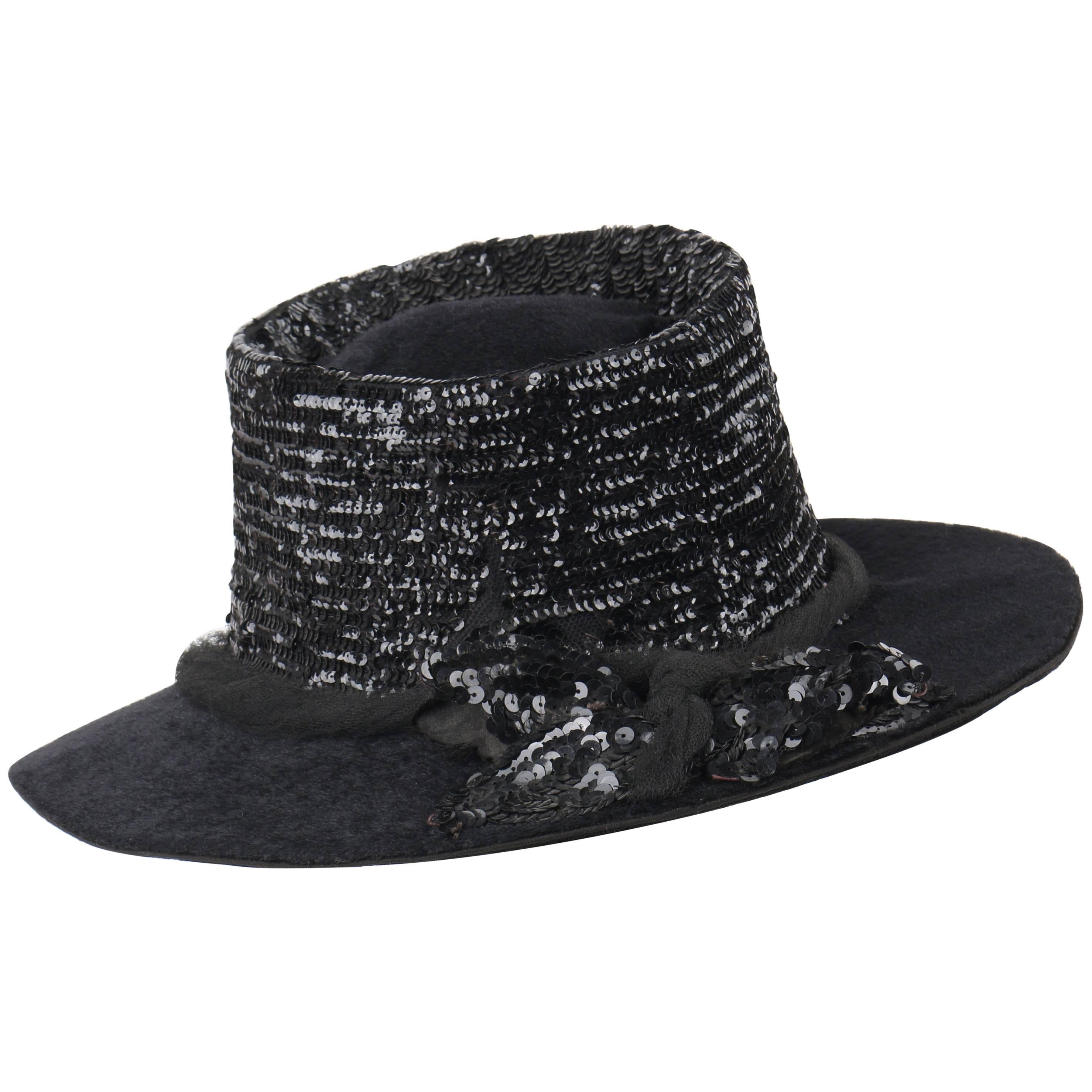 EDWARDIAN c.1900's Black Beaver Fur Felt Sequin Embellished Afternoon Hat