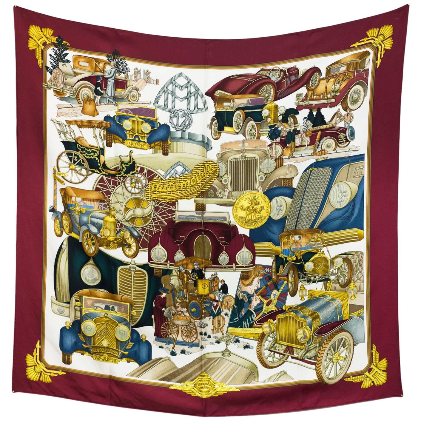 Hermes Vintage Brown Automobile Car Print Silk 90cm Scarf