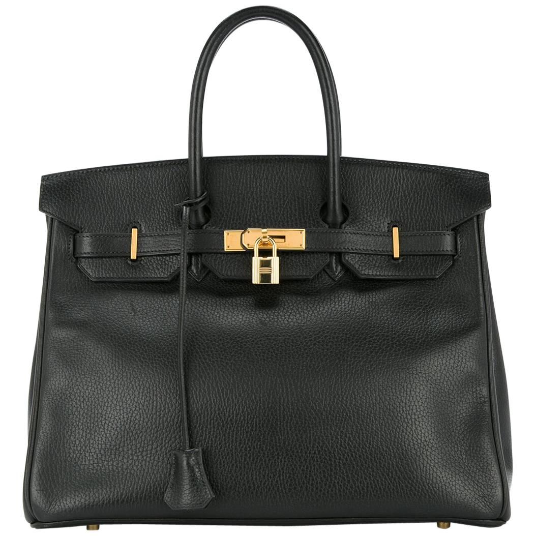 Hermes 35 Black Leather Gold Carryall Tote Top Handle Satchel Shoulder Bag