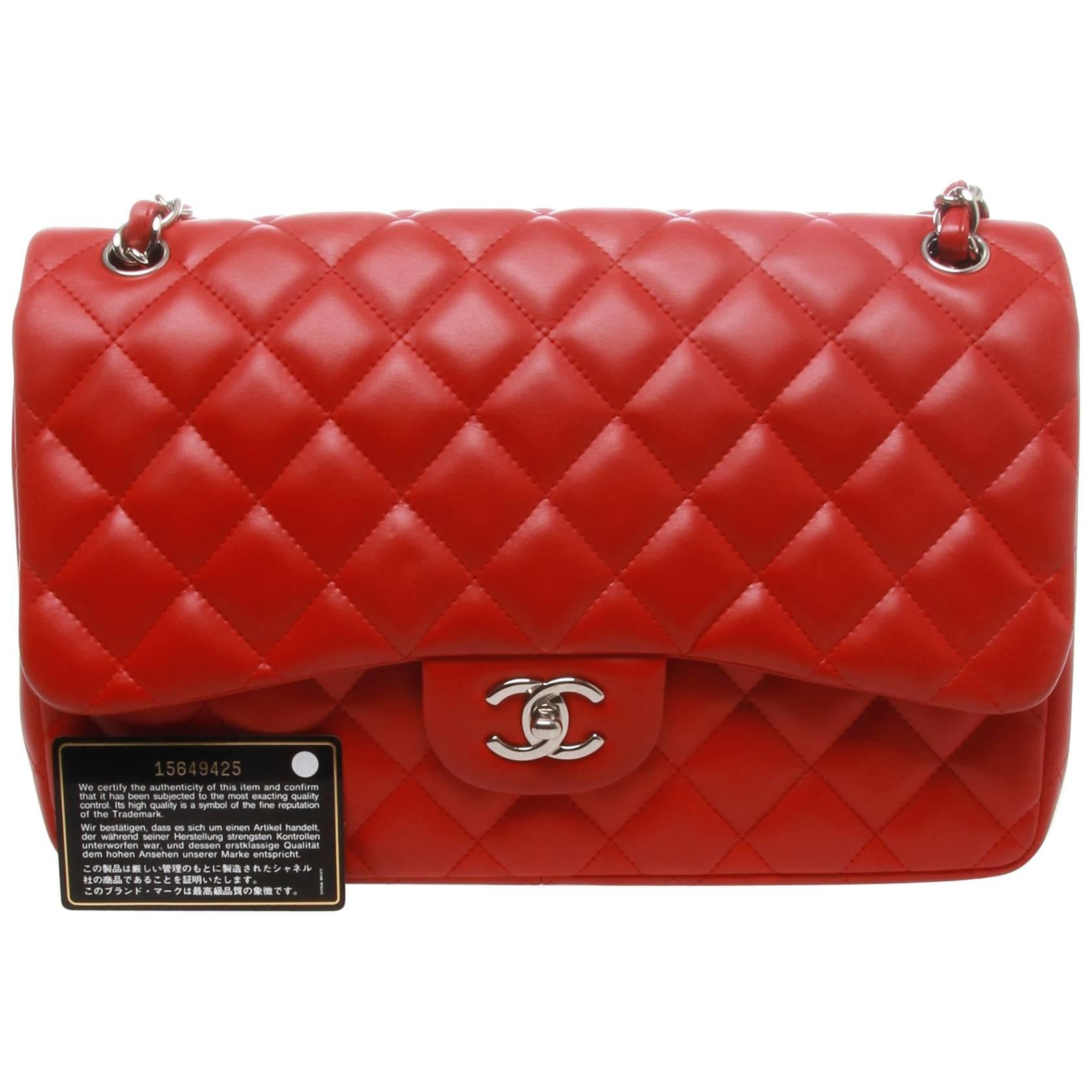Chanel Lipstick Red Quilted Lambskin Leather Jumbo 2.55 Double Flap Bag