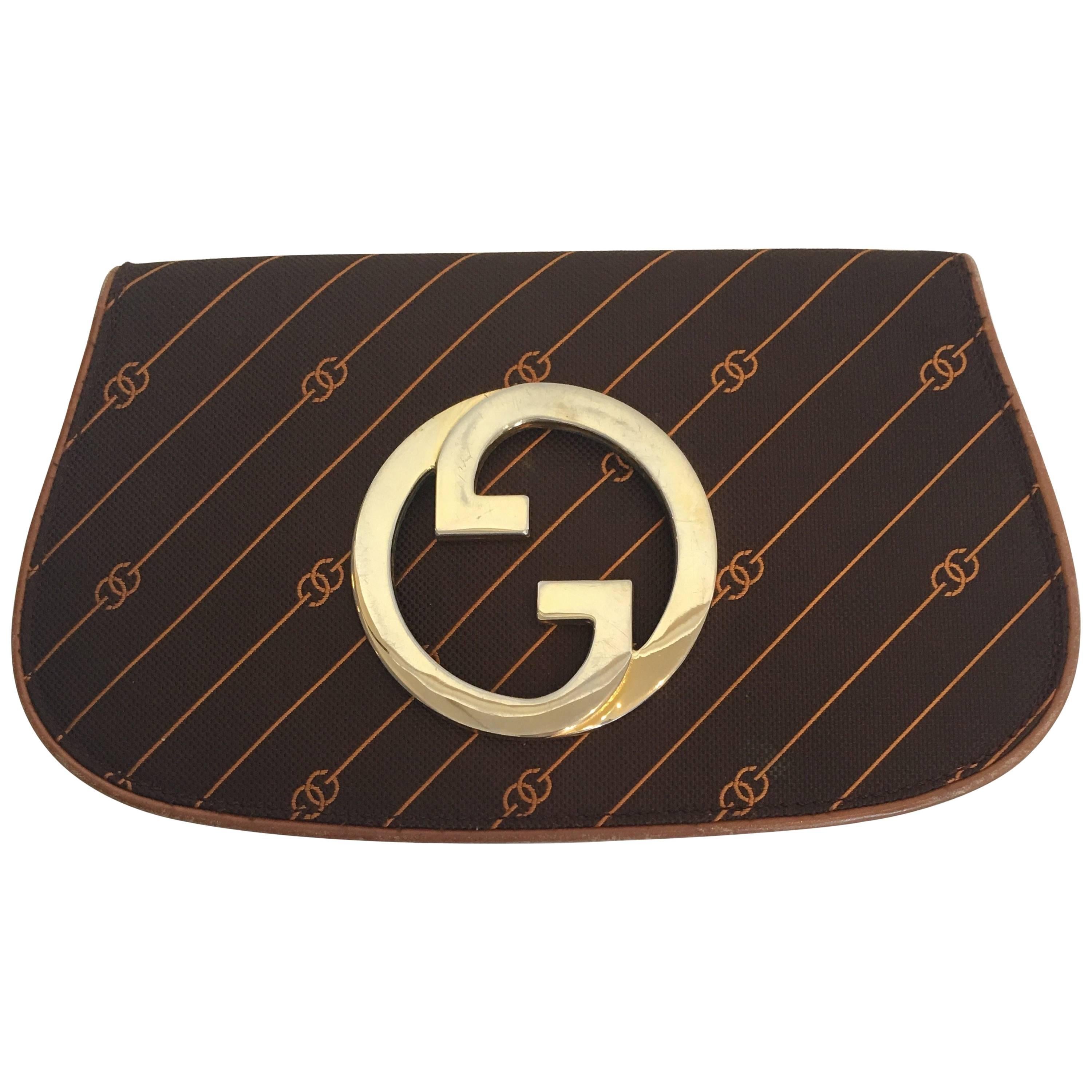  Gucci 1980's Brown Logo Clutch w/ Gold Emblem