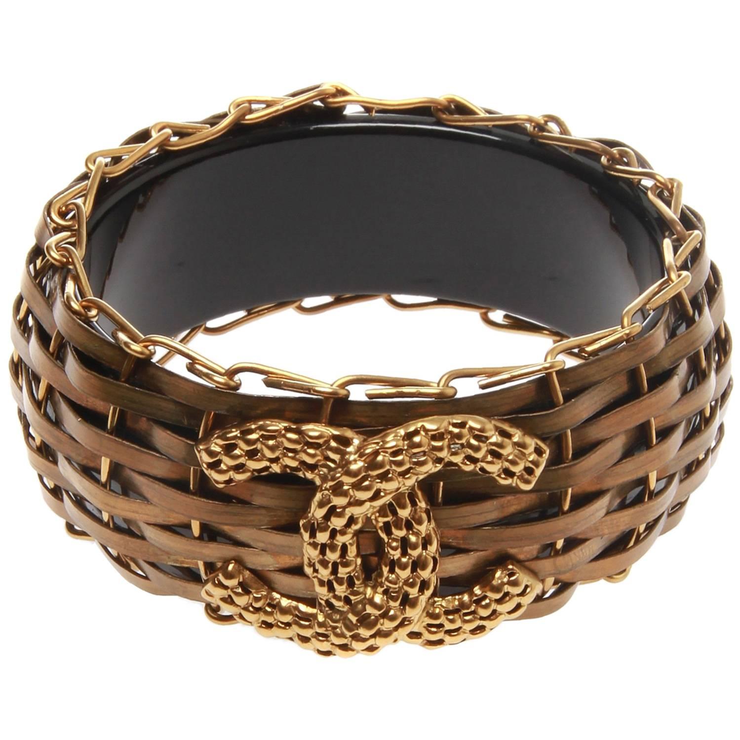 Chanel Bronze Bamboo Basket Resin Bangle Bracelet