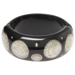 	Chanel 2009 Black Resin Silver Plated Coins Cuff Bracelet Bangle