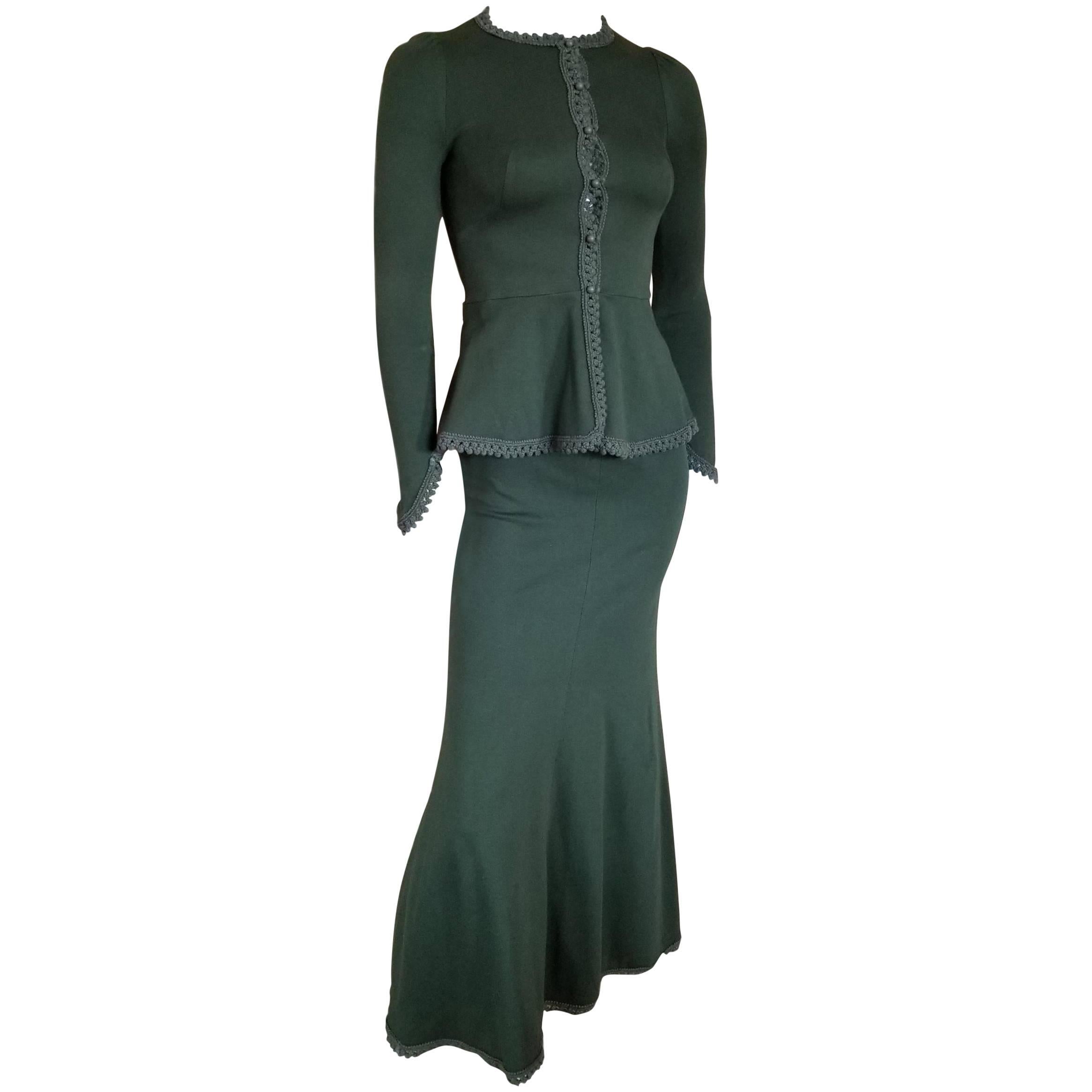 Biba 1960s British Green Edwardian Style Cotton 2 Piece Skirt Suit