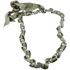 Lanvin White Pearls and Beige Satin Ribbon Necklace