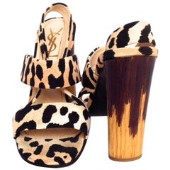 YVES SAINT LAURENT Sandals in Leopard Printed Canvas and Varnished Wood Size 39