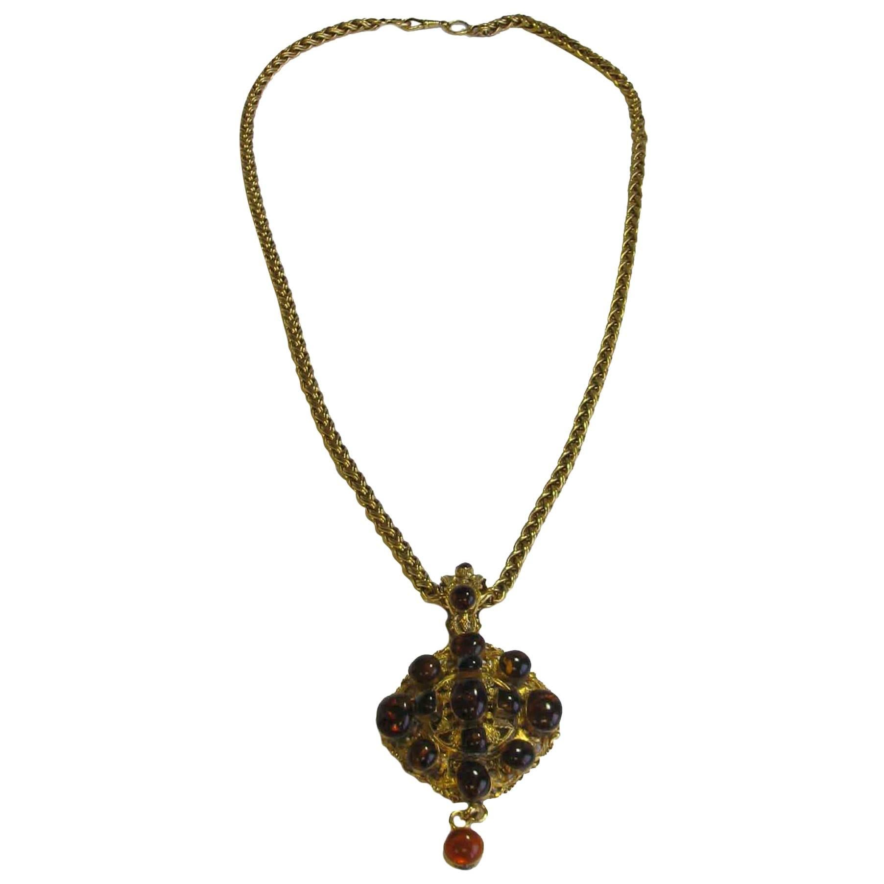 MARGUERITE DE VALOIS Necklace in Gilded Metal and Pendant in Topaze Molten Glass
