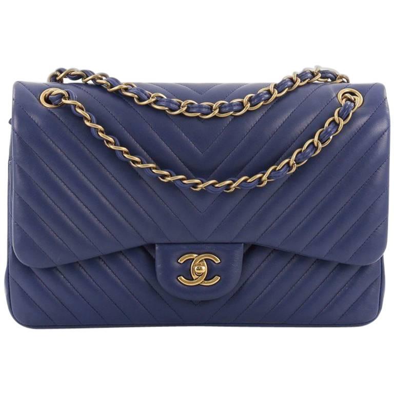 Chanel Patent Leather Chevron Double Flap Handbag Navy Blue