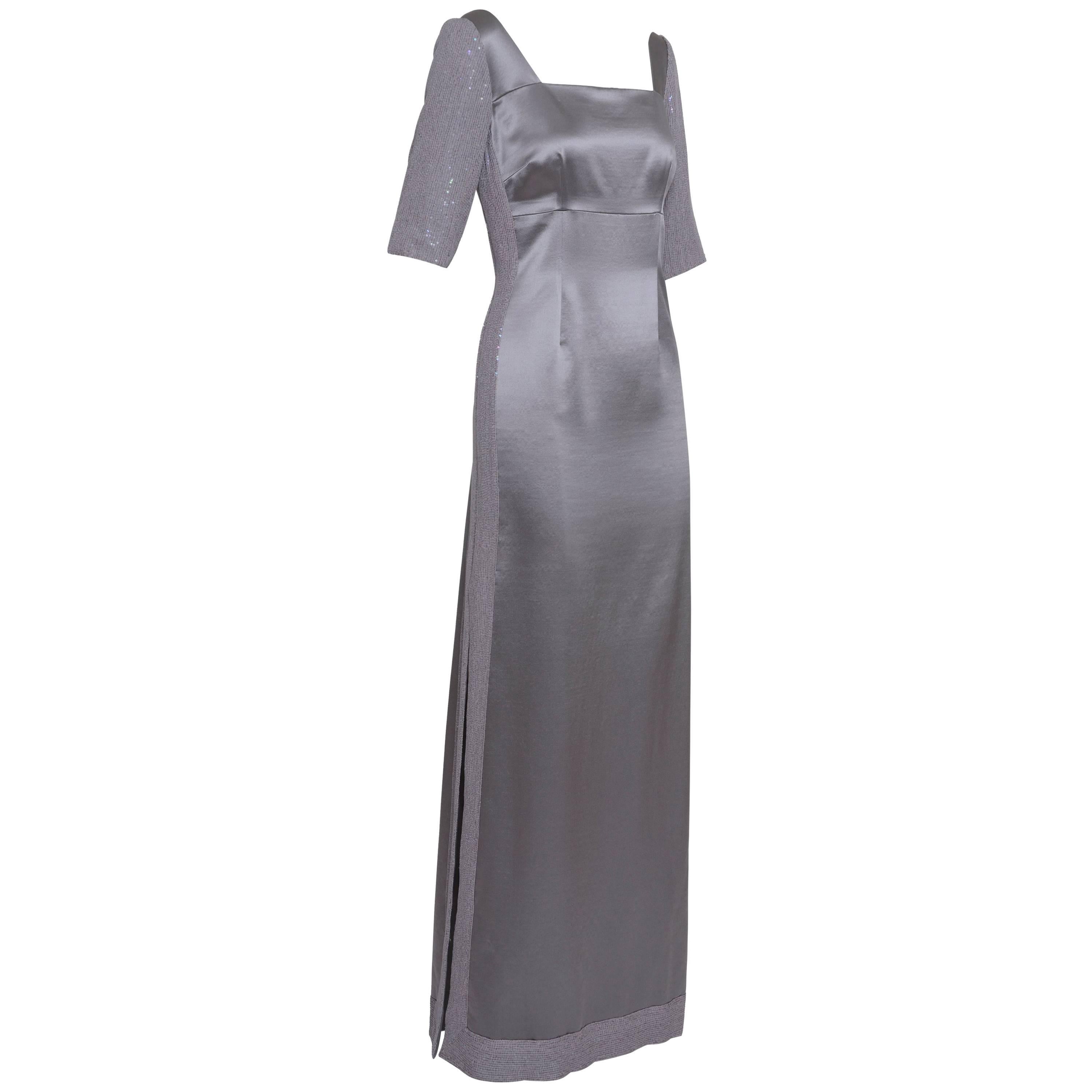 1990s Gray Embroidered Satin Evening Dress For Sale